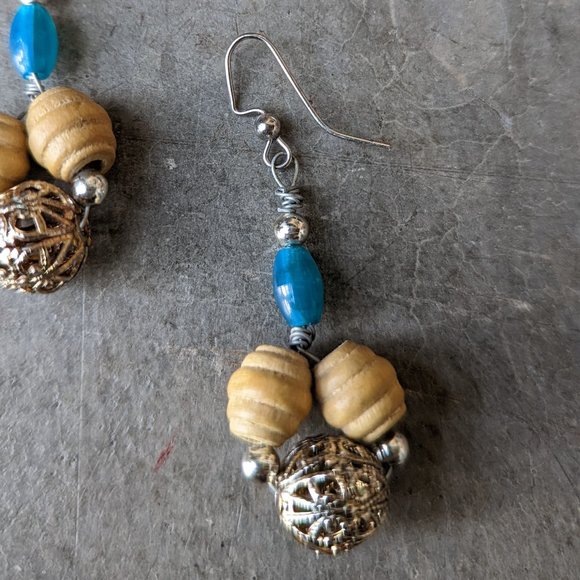 Handmade Teal and Tan Beaded Dangle Drop Earrings - Picture 3 of 6